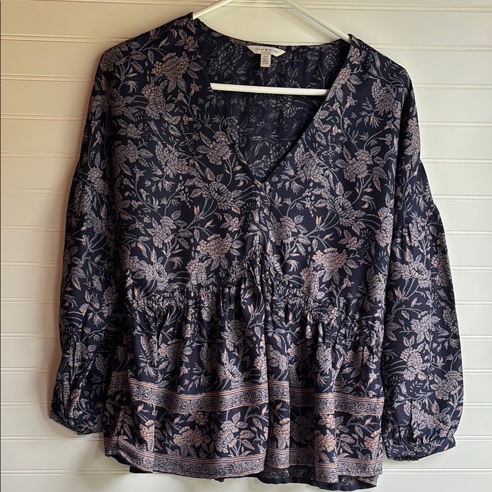 Lucky Brand Floral V-Neck Blouse - Navy and Beige
